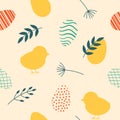 Seamless cute pattern with the image of a chicken, Easter eggs and plants.